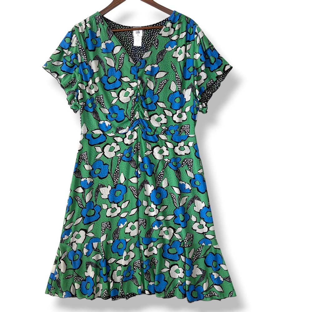 Cabi Reversible Dress XL Green Blue Floral Black White Polka Dot Mesh Flutter